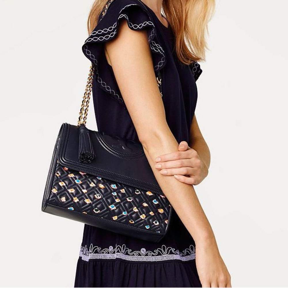 TORY BURCH FLORAL PRINT LARGE FLEMING SHOULDER/CROSSBODY BAG-NAVY LEATHER